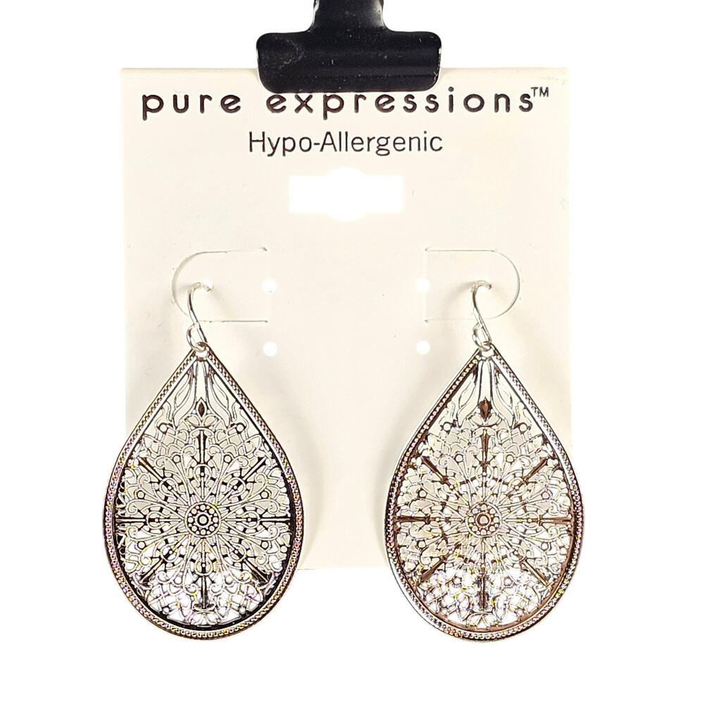 Pure Expressions Silver Tone Filigree Teardrop Dangle Earrings Hypo-Allergenic